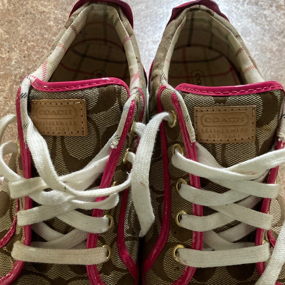 Coach Tan Signature Canvas Sneakers with Pink Trim - Picture 7 of 7